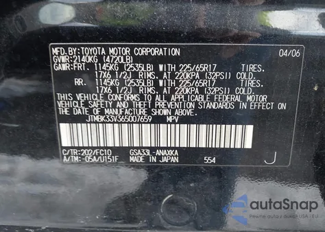 2006 Toyota Rav4 Base V6 из США, поврежденный, VIN JTMBK33V365007659